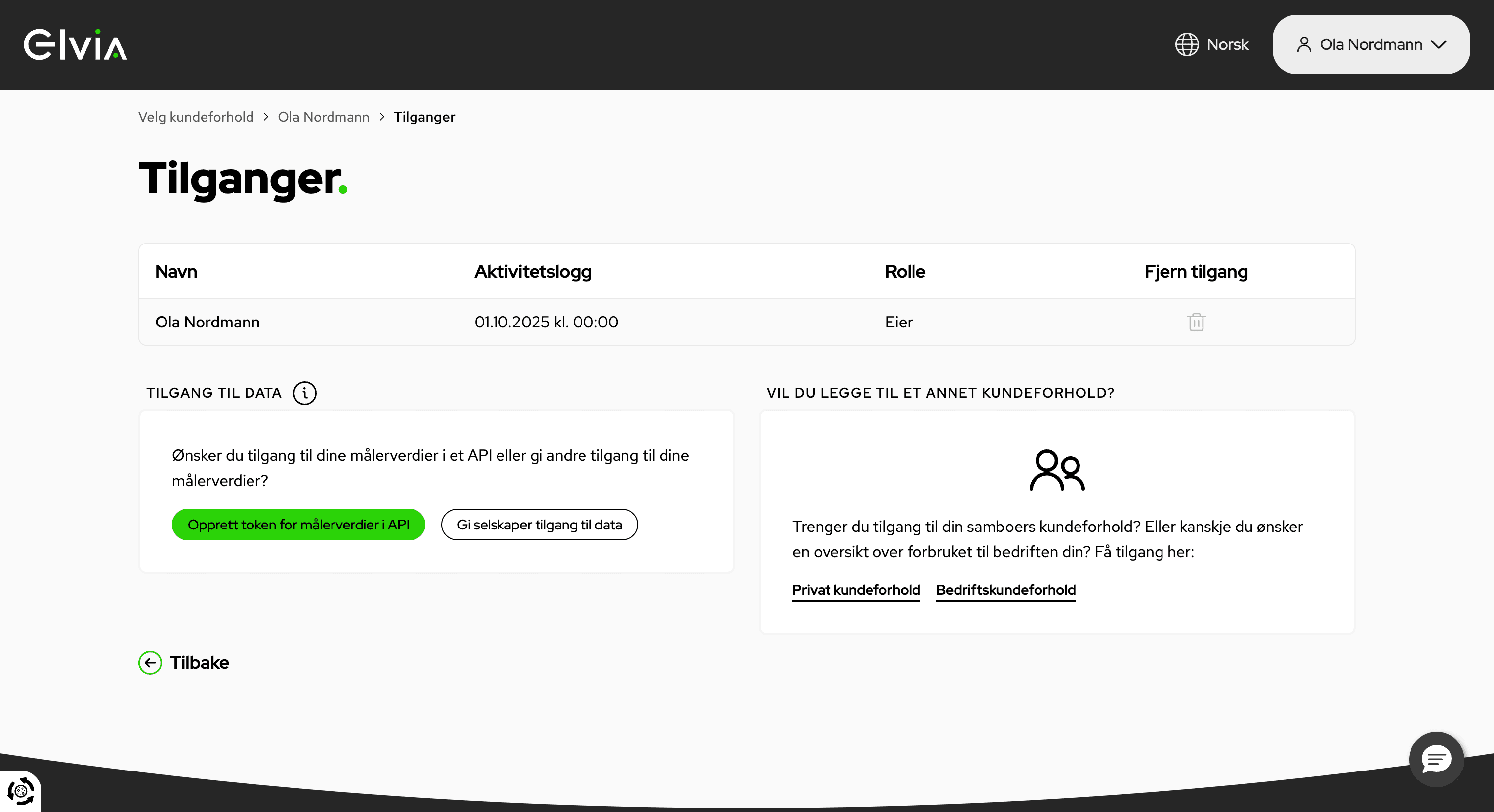 Steg 5: Trykk på knappen "Opprett token for måleverdier i API" under TILGANG TIL DATA